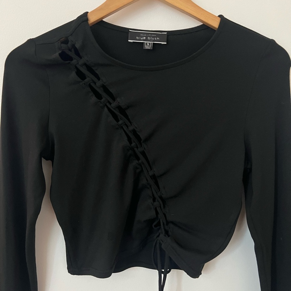 Black Stretchy Long Sleeved Top with Braided Asymmetrical Cutout